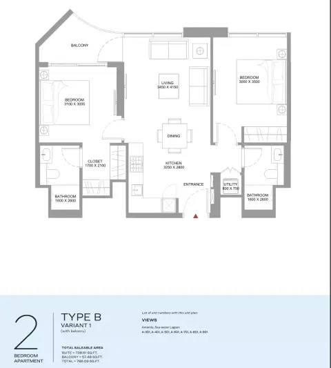 Coastline Beach Residences: Plattegrond Type B | Variant 1 (balcony), 786 sq ft