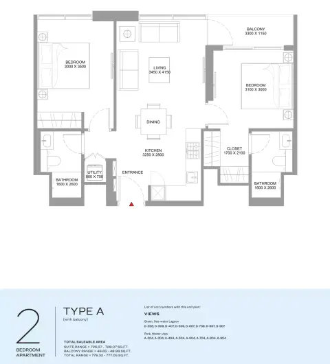 Coastline Beach Residences: Plattegrond Type A | (balcony), 775 sq ft