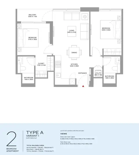Coastline Beach Residences: Plattegrond Type A | Variant 1 (balcony), 775 sq ft