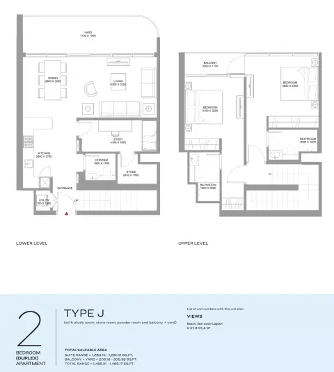Coastline Beach Residences: Plattegrond Type J | (with study room, store room, powder room and balcony + yard), 1,485 sq ft