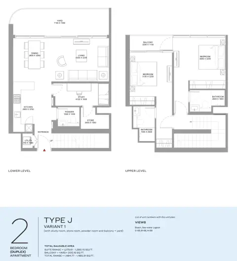 Coastline Beach Residences: Plattegrond Type J | Variant 1 (with study room, store room, powder room and balcony + yard), 1,485 sq ft