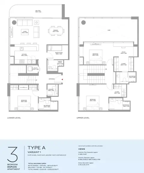 Coastline Beach Residences: Plattegrond Type A | Variant 1 (with study, maid room, powder room and balcony), 2,022 sq ft