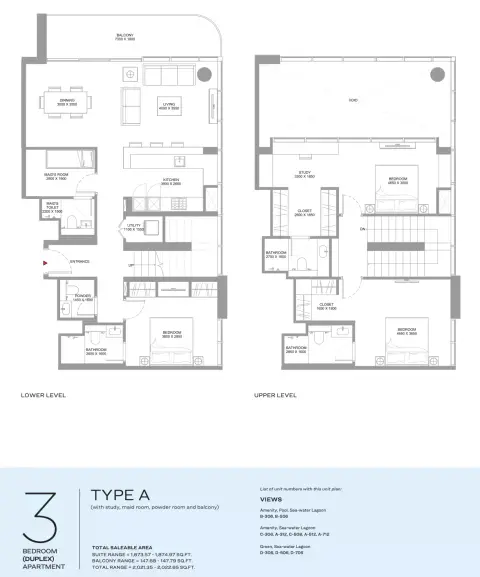 Coastline Beach Residences: Plattegrond Type A | (with study, maid room, powder room and balcony), 2,022 sq ft