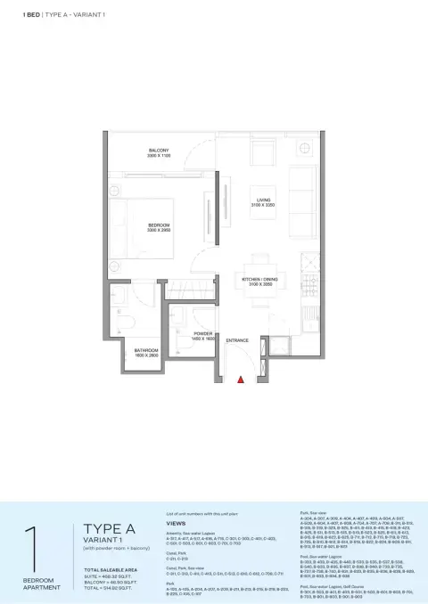 Delphine Beach Residences: फ़्लोर प्लान Type A-Variant 1, 514 sq ft