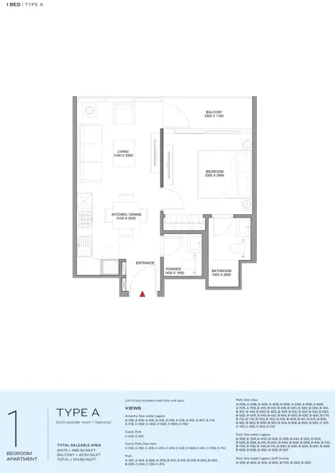 Delphine Beach Residences: फ़्लोर प्लान Type A, 514 sq ft