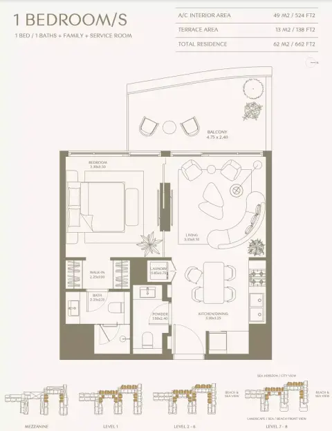 Aya Beachfront Residences: Floor plan Type S 1 Bedroom, 662 sq ft