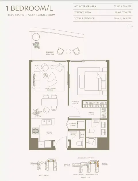 Aya Beachfront Residences: Floor plan Type L 1 Bedroom, 743 sq ft