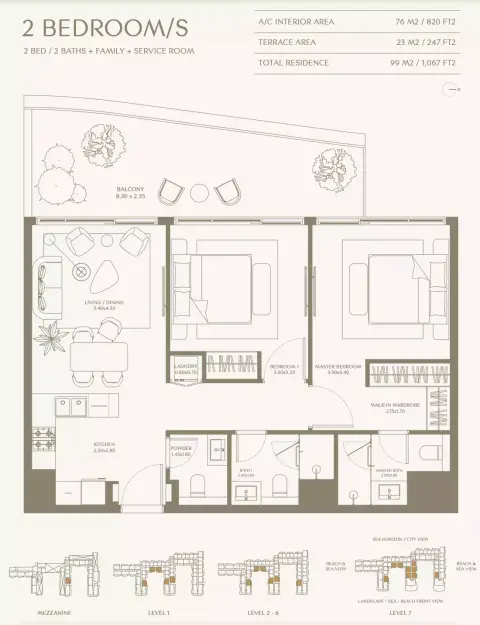Aya Beachfront Residences: Floor plan Type S 2 Bedroom, 1,067 sq ft
