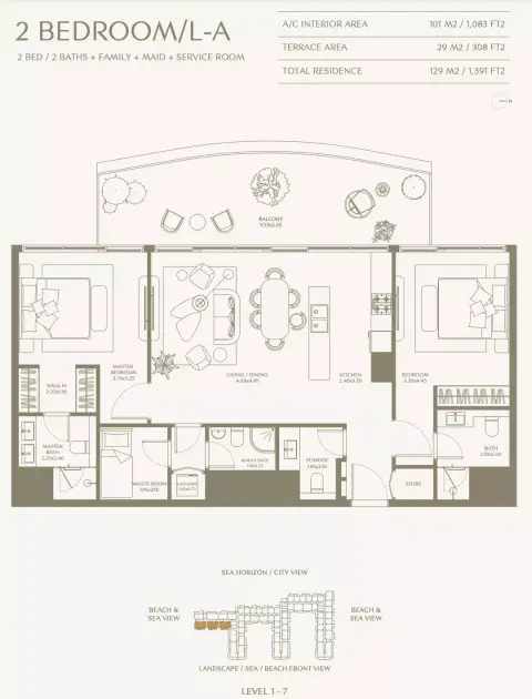 Aya Beachfront Residences: Floor plan Type L-A 2 Bedroom, 1,391 sq ft