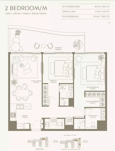 Aya Beachfront Residences: Floor plan Type M 2 Bedroom, 1,205 sq ft