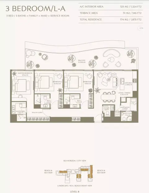 Aya Beachfront Residences: Floor plan Type L-A 3 Bedroom, 1,870 sq ft