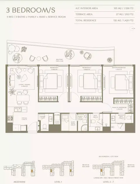 Aya Beachfront Residences: Floor plan Type S 3 Bedroom, 1,420 sq ft