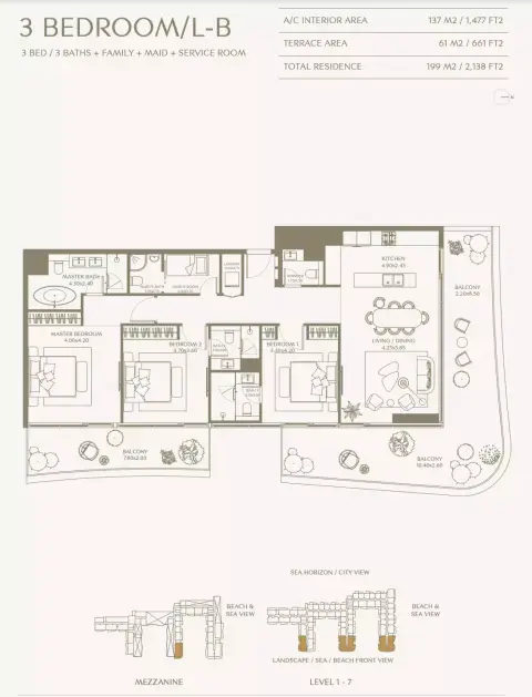 Aya Beachfront Residences: Floor plan Type L-B 3 Bedroom, 2,138 sq ft