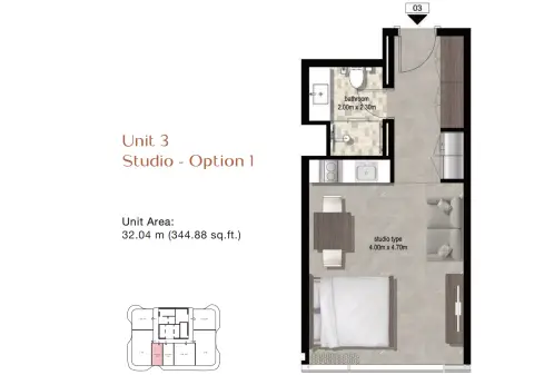 Azha Millennium Residences: Планировка Type C, 344 sq ft