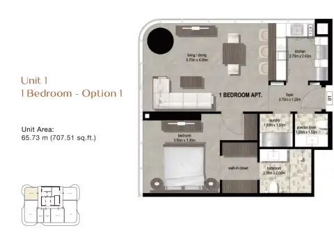 Azha Millennium Residences: Планировка Type C, 707 sq ft
