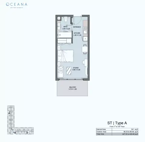 Oceana: Plan ST | Type A, 427 sq ft