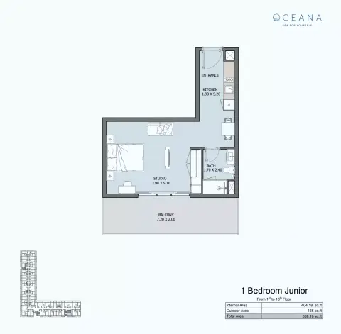 Oceana: Plan Type 1 Bedroom Junior From 1st to 18th Floor, 559 sq ft