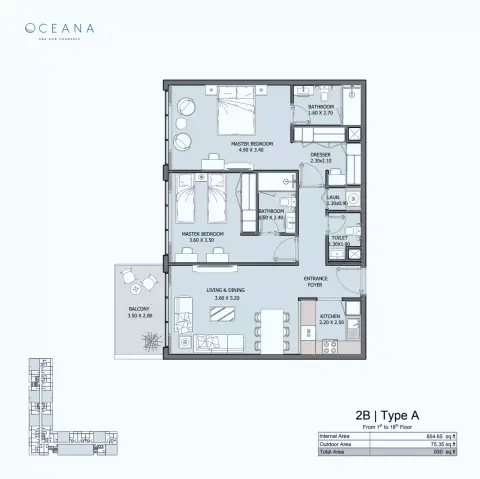 Oceana: Plan 2B | Type A, 930 sq ft