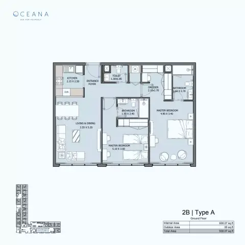 Oceana: Plan 2B | Type A, 938 sq ft