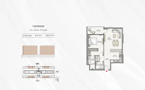 Azha Park Residences: Floor plan Type 1, 1,038 sq ft
