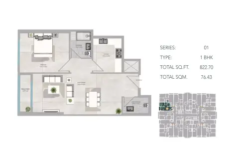 Azha Views Residences: Plattegrond Type 12, 822 sq ft