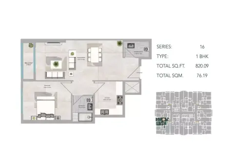 Azha Views Residences: Plattegrond Type 22+S, 820 sq ft