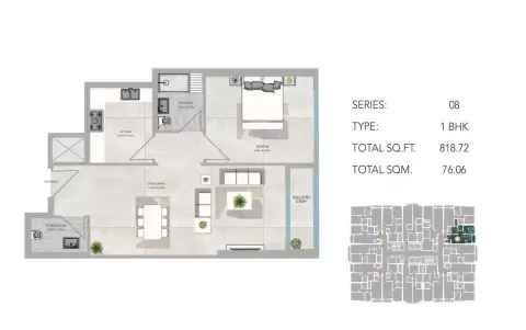 Azha Views Residences: Plattegrond Type 16+S, 818 sq ft