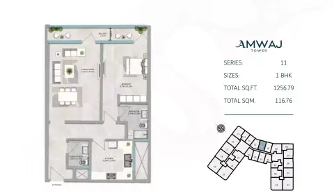 Amwaj Tower: Plattegrond Type 4, 1,256 sq ft