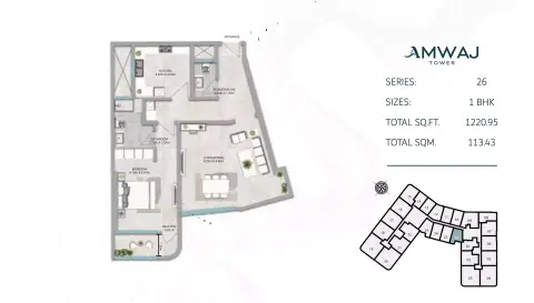 Amwaj Tower: Plattegrond Type 10, 1,220 sq ft