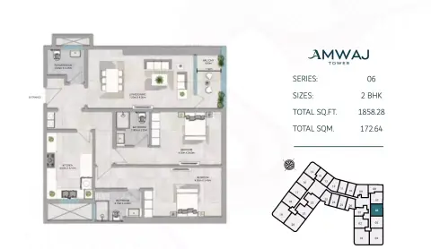Amwaj Tower: Plattegrond Type 3, 1,858 sq ft