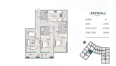 Amwaj Tower: Plattegrond Type 12, 1,793 sq ft