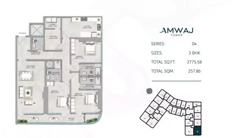 Amwaj Tower: Plattegrond Type 2, 2,775 sq ft