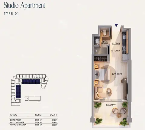 Binghatti Starfall: Floor plan Type 01, 429 sq ft