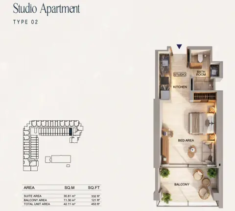 Binghatti Starfall: Floor plan Type 02, 453 sq ft