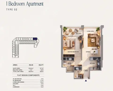Binghatti Starfall: Floor plan Type 02, 625 sq ft