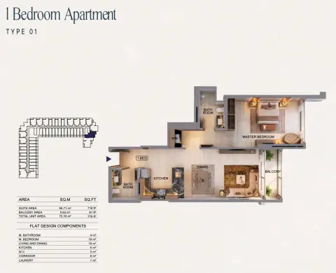 Binghatti Starfall: Floor plan Type 01, 779 sq ft