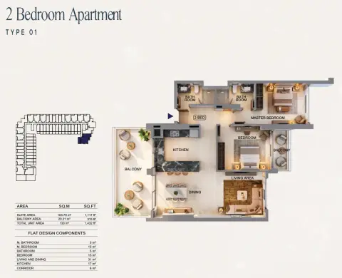 Binghatti Starfall: Floor plan Type 01, 1,432 sq ft