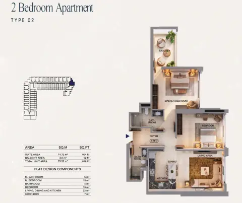 Binghatti Starfall: Floor plan Type 02, 856 sq ft
