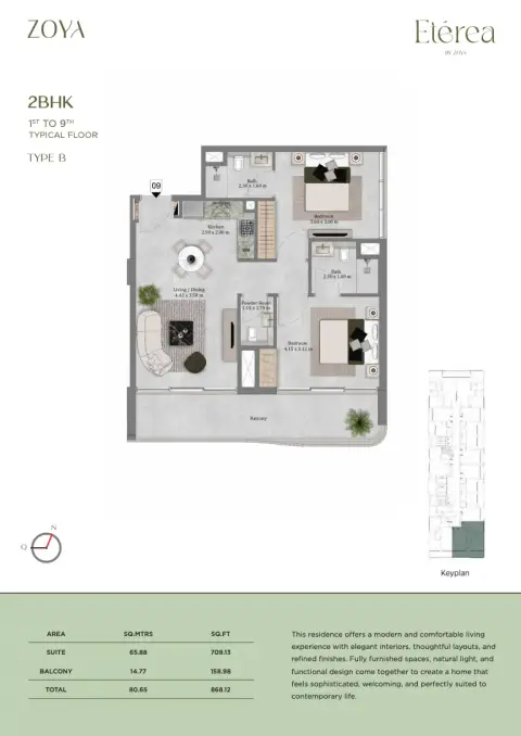 Etérea: Floor plan Type B, 868 sq ft