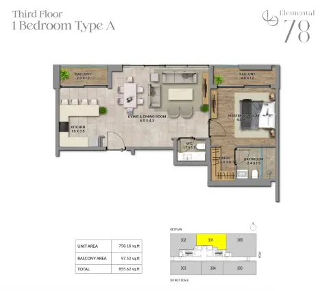 Elemental 78: Floor plan Type A, 855 sq ft
