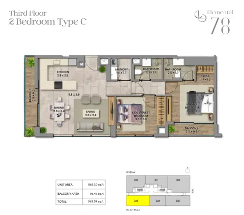 Elemental 78: Floor plan Type C, 963 sq ft