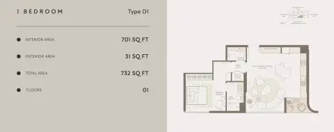 Symphony: Floor plan Type D1, 732 sq ft
