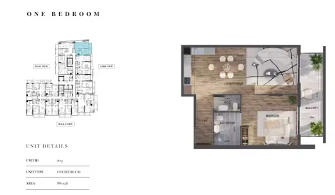 Carmel Residences: Floor plan Type 1, 881 sq ft