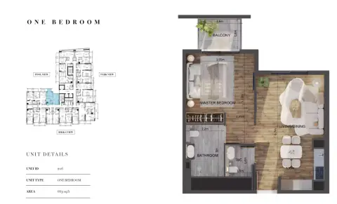 Carmel Residences: Floor plan Type 1, 669 sq ft