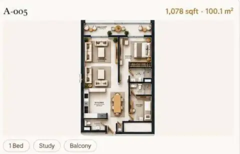 Reeman Residence 02: Floor plan Type 1+Study, 1,078 sq ft
