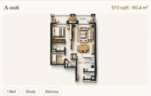 Reeman Residence 02: Floor plan Type 2+Study, 973 sq ft
