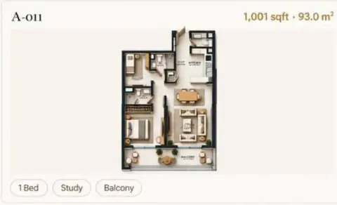 Reeman Residence 02: Floor plan Type 3+Study, 1,001 sq ft
