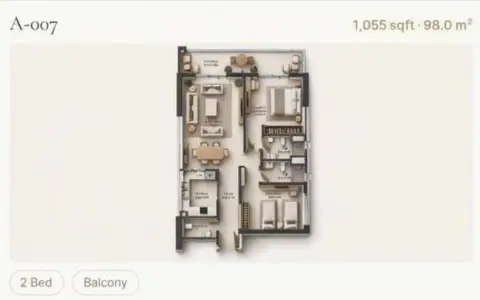 Reeman Residence 02: Floor plan Type 2, 1,055 sq ft