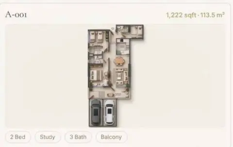 Reeman Residence 02: Floor plan Type 1+Study, 1,222 sq ft
