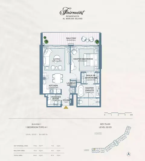 Fairmont Residences At Al Marjan Island: Floor plan Type A-1, 945 sq ft